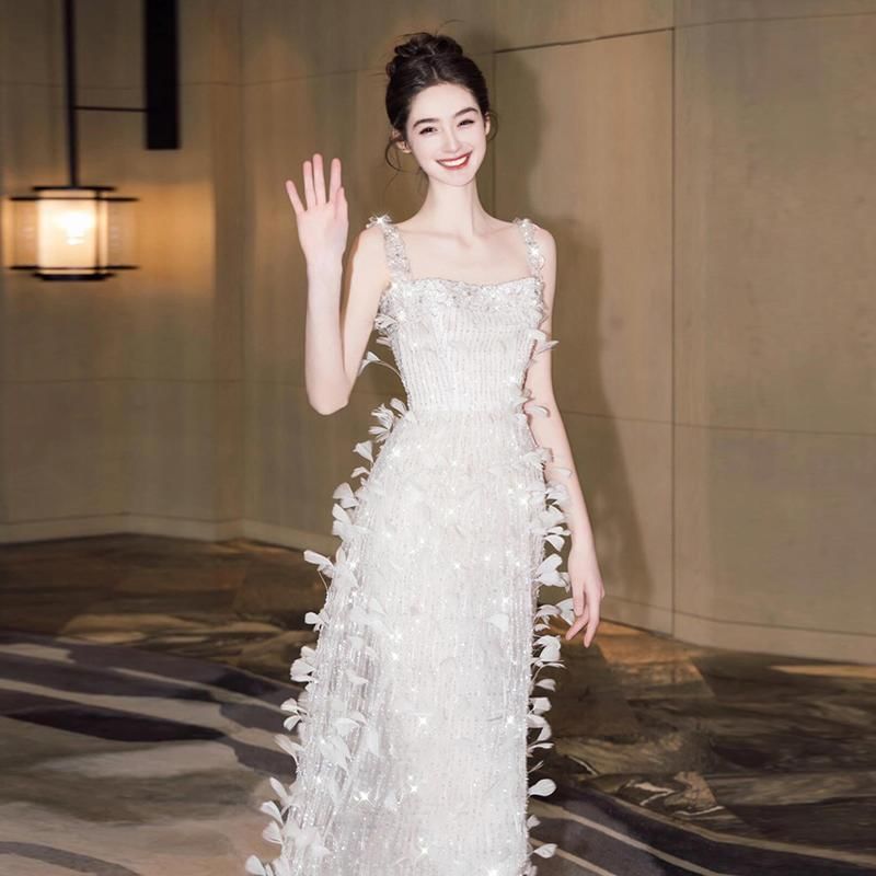 Sequin Square Spaghetti Strap Evening Feather Neck Sheath Gown