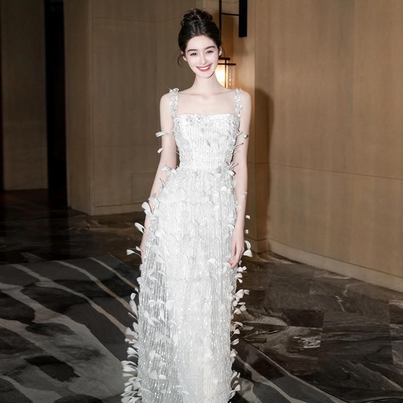 Spaghetti Strap Square Neck Sequin Feather Sheath Evening Gown