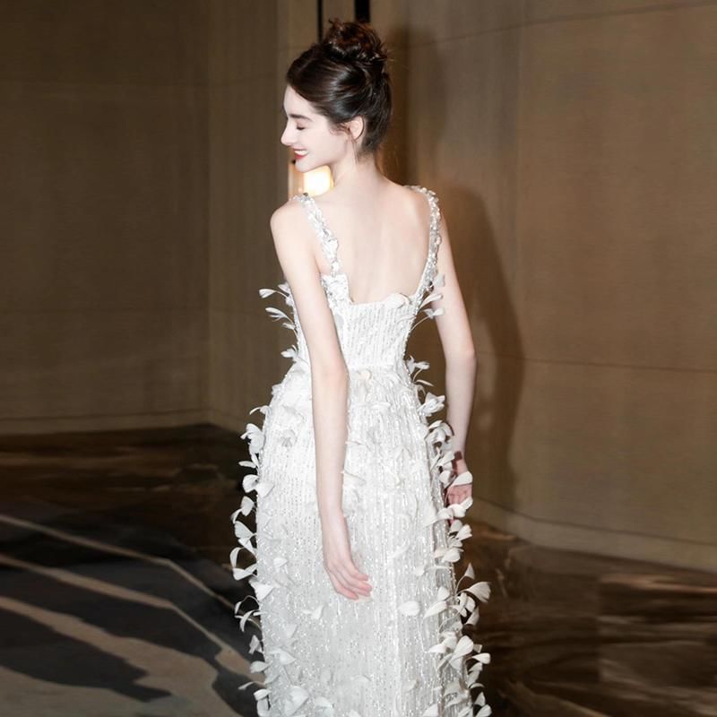 Sequin Square Spaghetti Strap Evening Feather Neck Sheath Gown