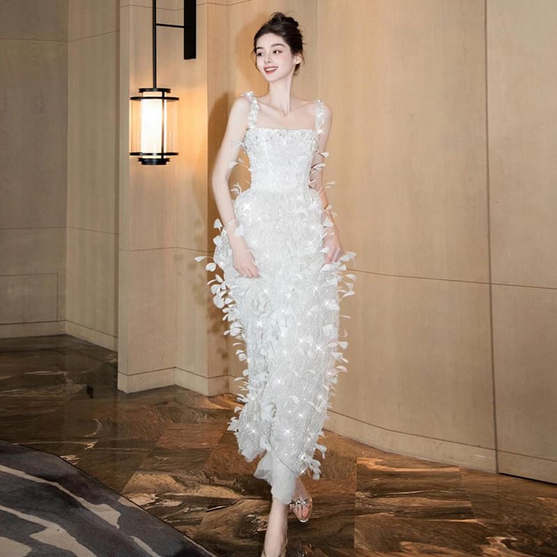 Sequin Square Spaghetti Strap Evening Feather Neck Sheath Gown