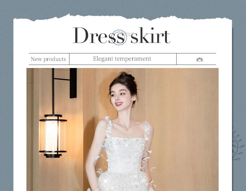 Spaghetti Strap Square Neck Sequin Feather Sheath Evening Gown