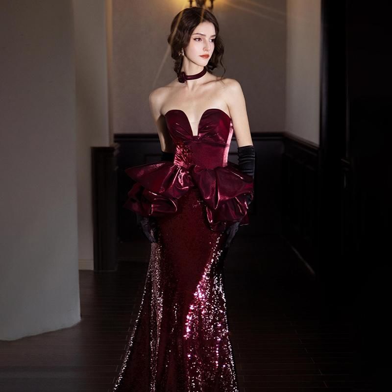 Strapless Notch Neck Velvet Ruffle Sequined Mermaid Evening Dress