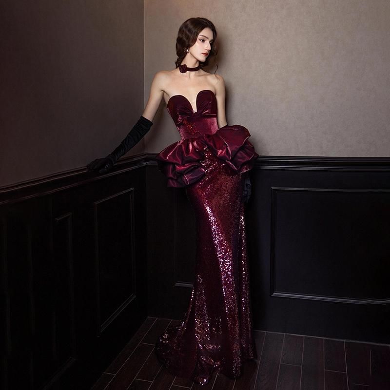 Strapless Notch Neck Velvet Ruffle Sequined Mermaid Evening Dress
