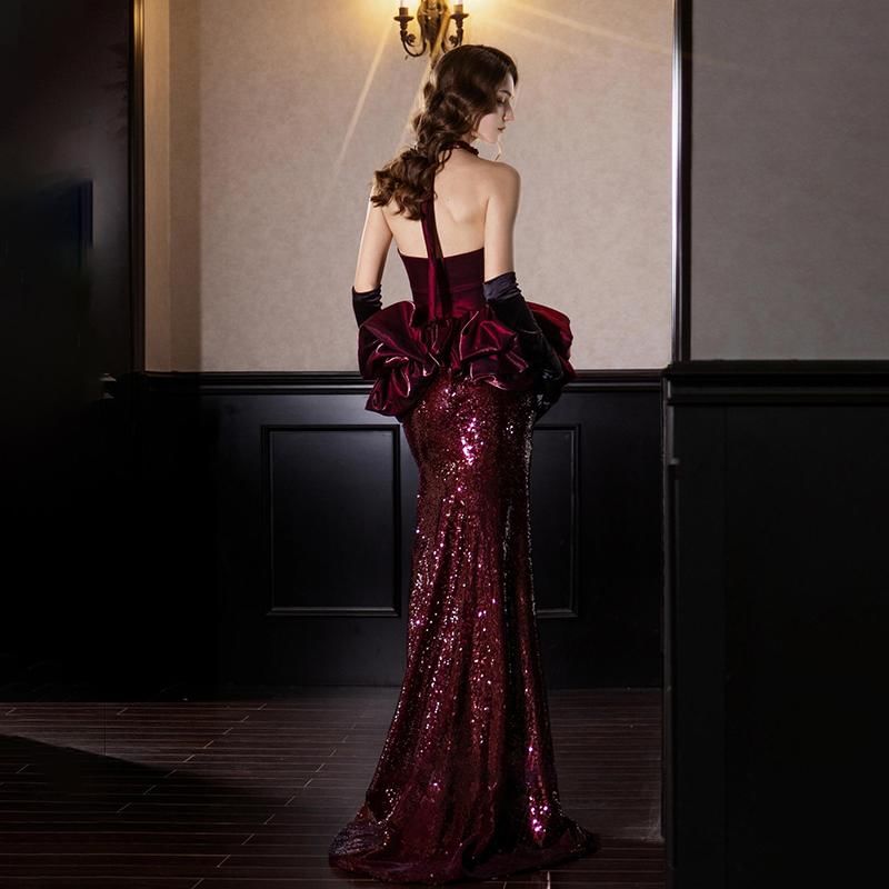 Strapless Notch Neck Velvet Ruffle Sequined Mermaid Evening Dress
