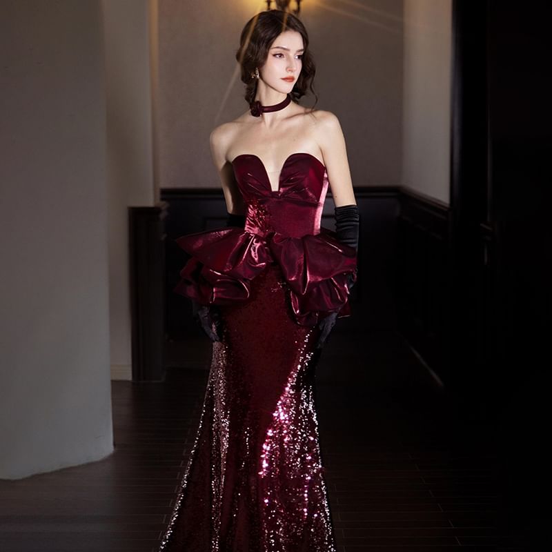 Strapless Notch Neck Velvet Ruffle Sequined Mermaid Evening Dress