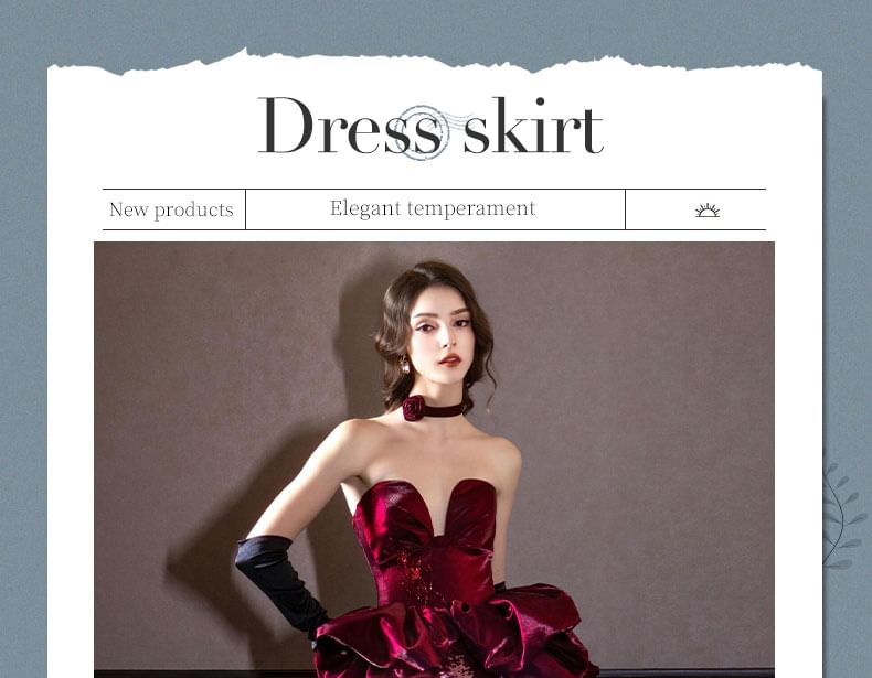 Strapless Notch Neck Velvet Ruffle Sequined Mermaid Evening Dress