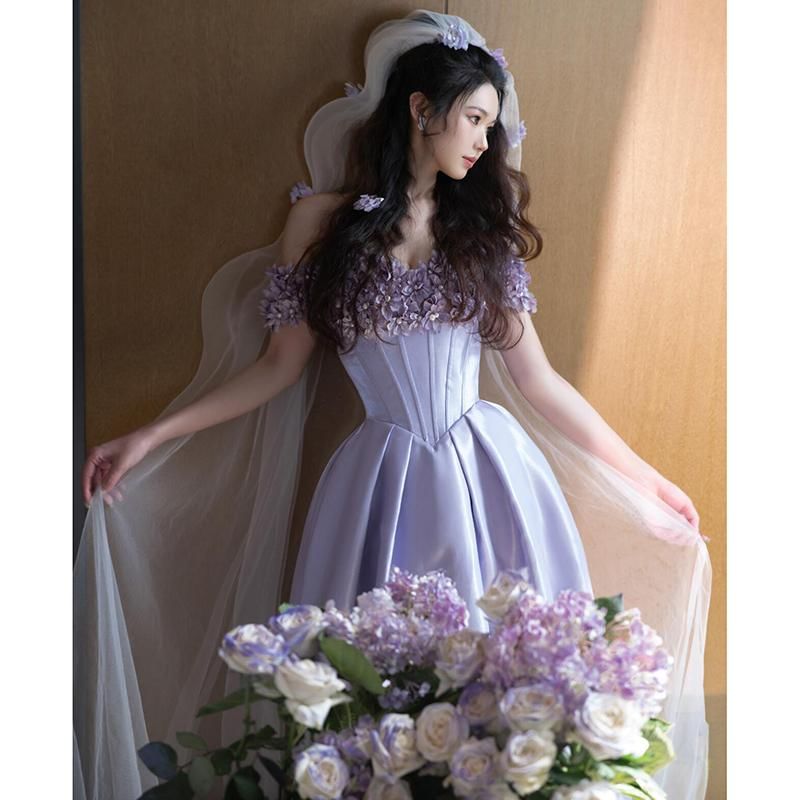 Off Shoulder Floral Applique A-Line Ball Gown