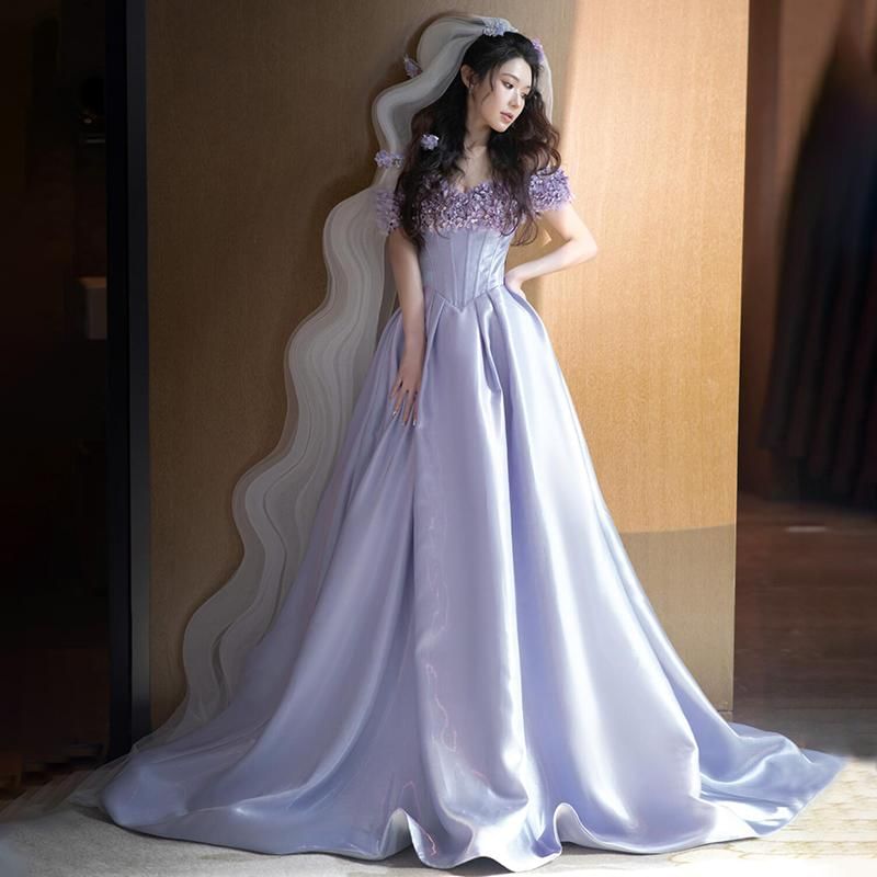 Off Shoulder Floral Applique A-Line Ball Gown