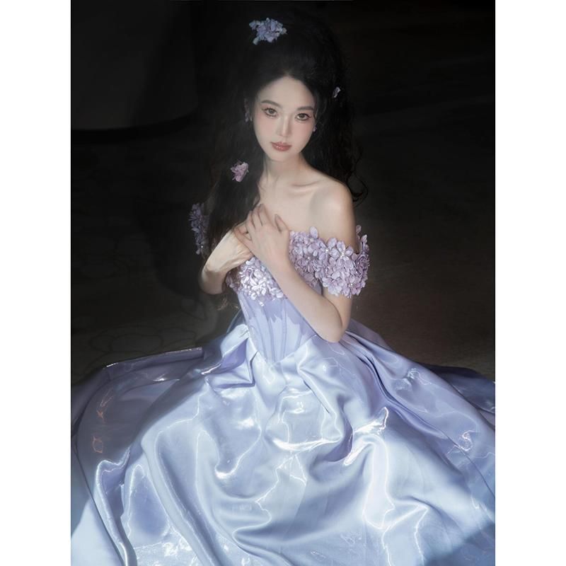 Off Shoulder Floral Applique A-Line Ball Gown