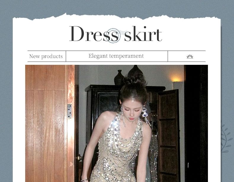 Sleeveless Halter Neck Sequined Maxi Evening Dress