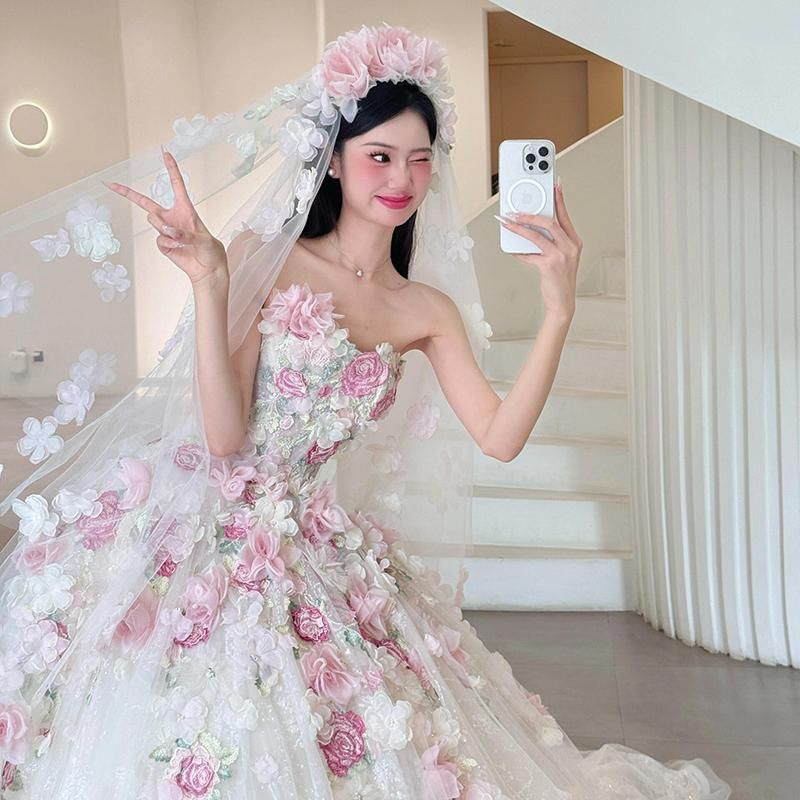 Strapless Floral Detail Sheer Wedding Ball Gown