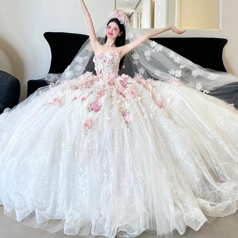 Wedding Strapless Sheer Gown Ball Detail Floral