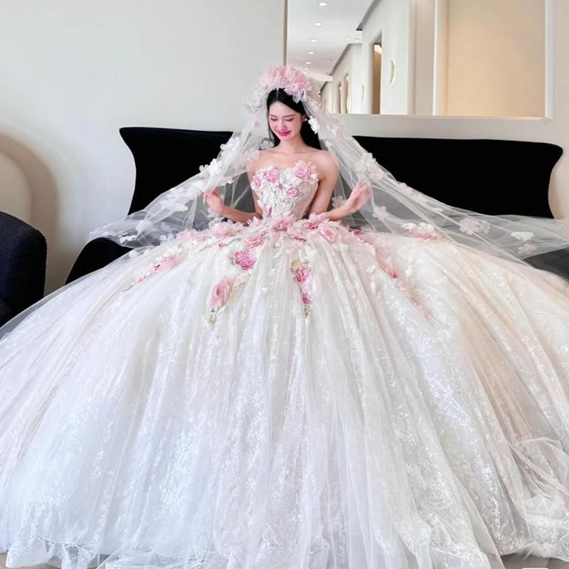 Wedding Strapless Sheer Gown Ball Detail Floral