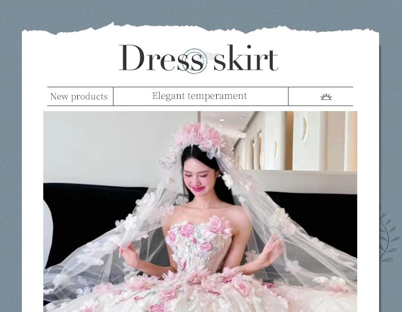 Strapless Floral Detail Sheer Wedding Ball Gown