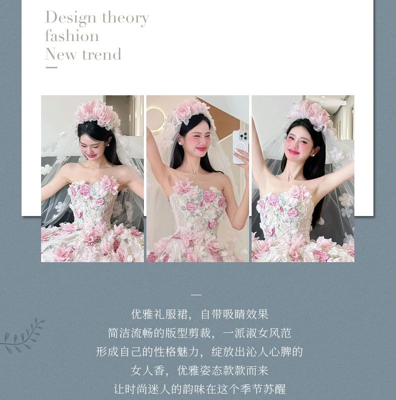 Strapless Floral Detail Sheer Wedding Ball Gown