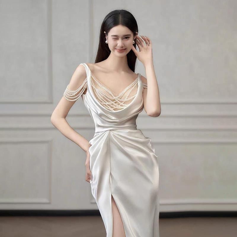 Sleeveless Scoop Neck Plain Ruched Slit Sheath Evening Gown