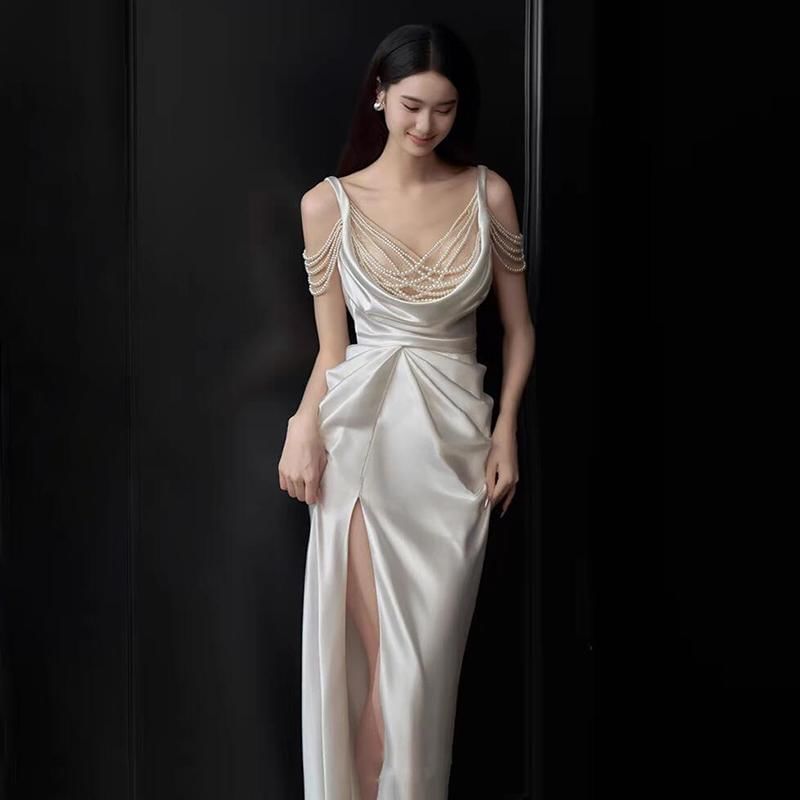 Sleeveless Scoop Neck Plain Ruched Slit Sheath Evening Gown