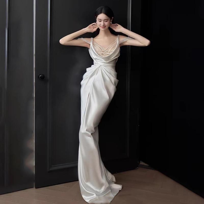 Sleeveless Ruched Scoop Neck Slit Evening Plain Gown Sheath