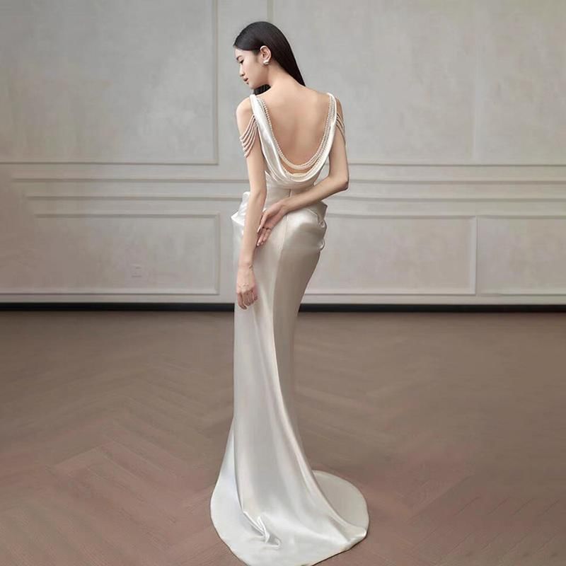 Sleeveless Ruched Scoop Neck Slit Evening Plain Gown Sheath