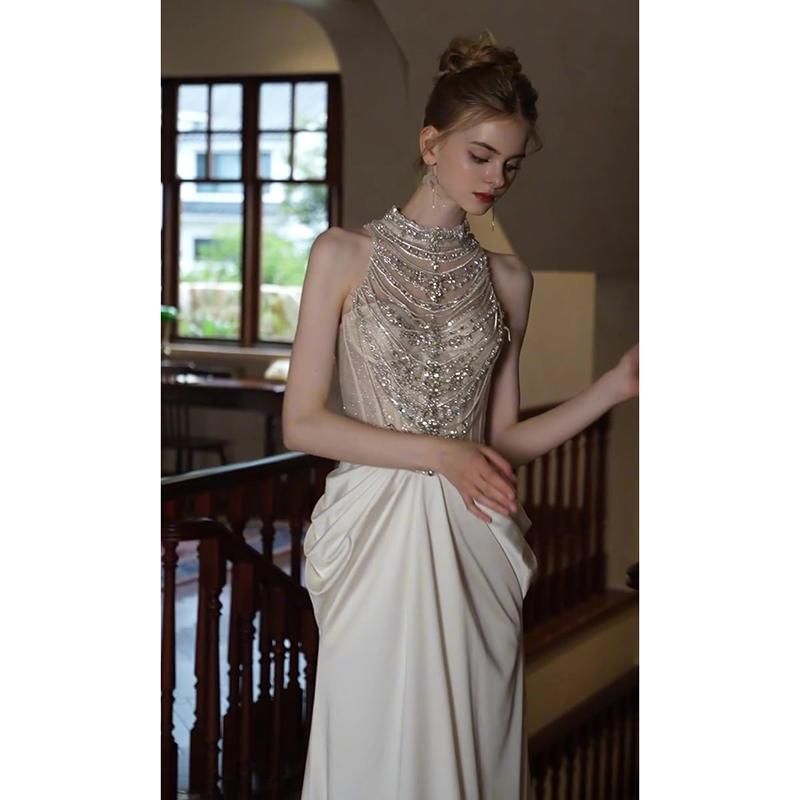 High Faux Pearl Sleeveless Sheath Gown Evening Neck