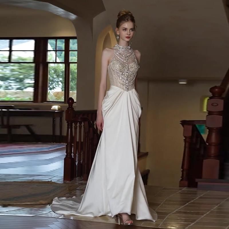 Sleeveless Faux Pearl High Neck Sheath Evening Gown