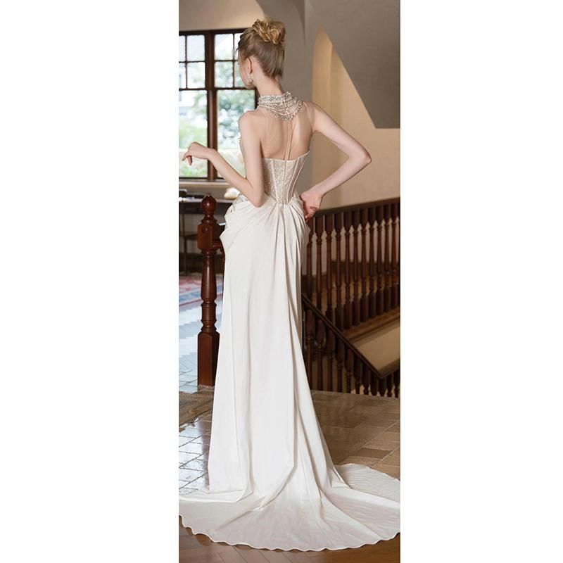 High Faux Pearl Sleeveless Sheath Gown Evening Neck