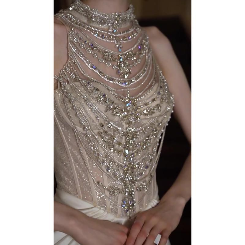 Sleeveless Faux Pearl High Neck Sheath Evening Gown