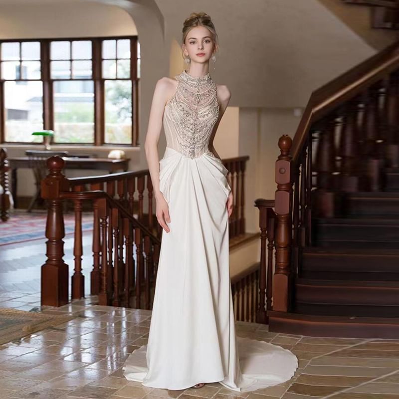 Sleeveless Faux Pearl High Neck Sheath Evening Gown