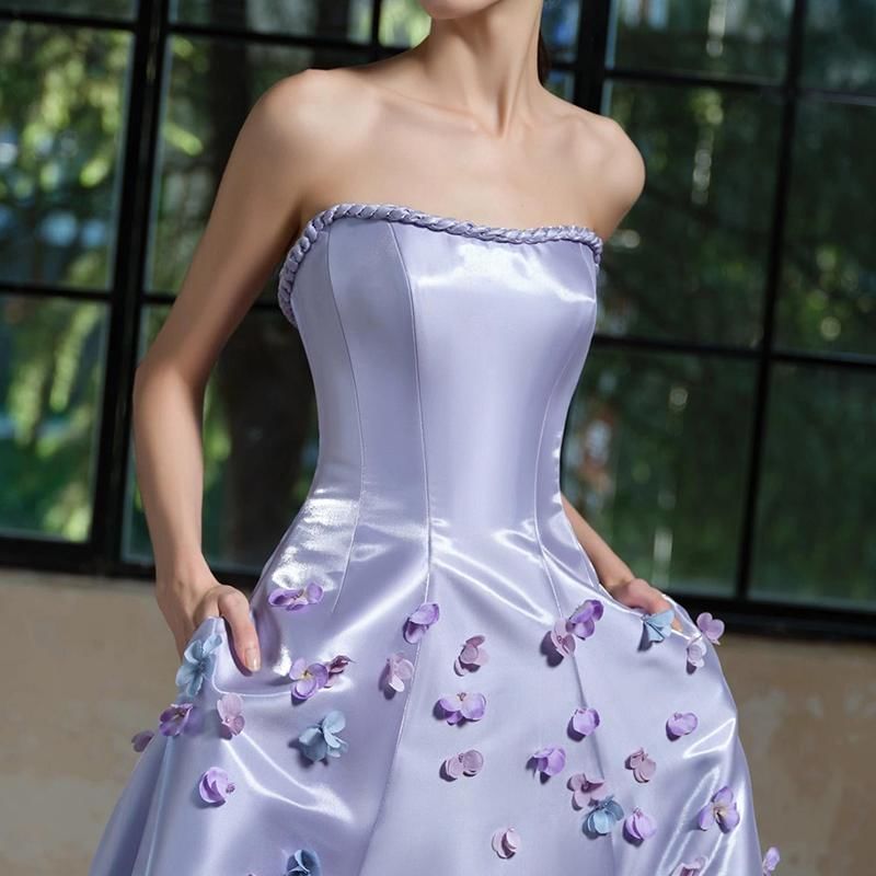 Set: Strapless Floral Applique A-Line Evening Gown + Arm Sleeves
