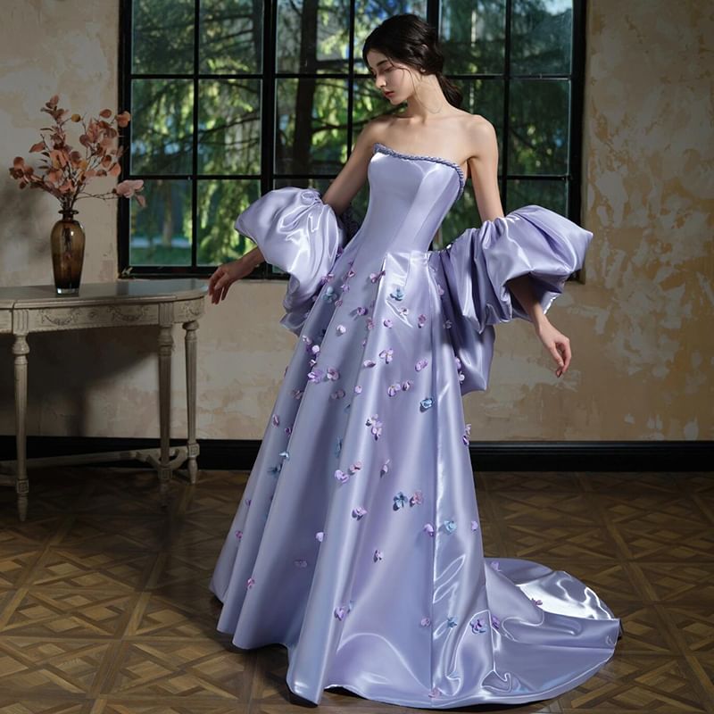 Set: Strapless Floral Applique A-Line Evening Gown + Arm Sleeves