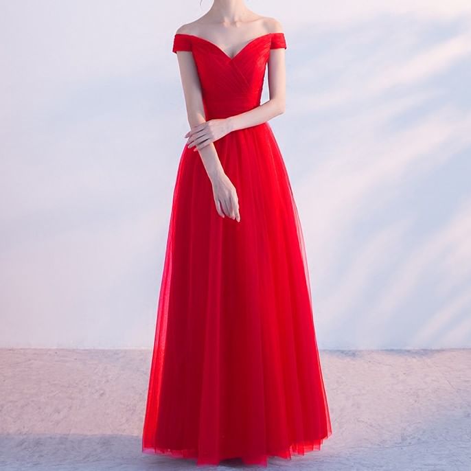 Gown Panel Mesh Evening Plain A-Line Off-Shoulder