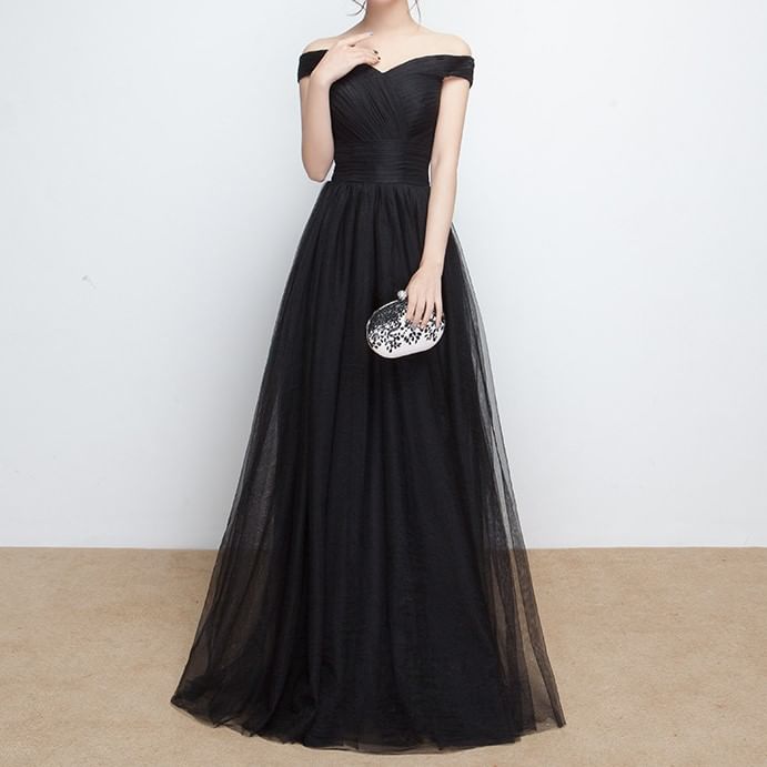 Gown Panel Mesh Evening Plain A-Line Off-Shoulder