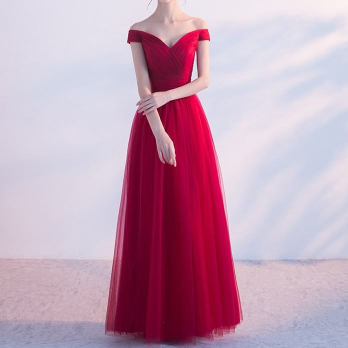 Gown Panel Mesh Evening Plain A-Line Off-Shoulder