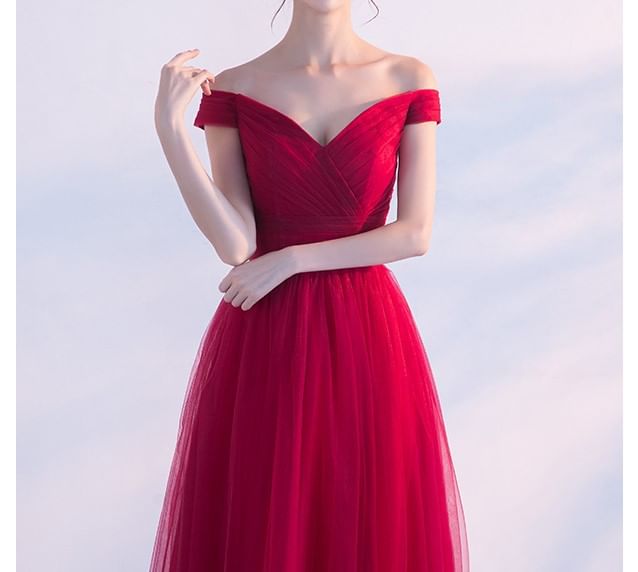 Gown Panel Mesh Evening Plain A-Line Off-Shoulder