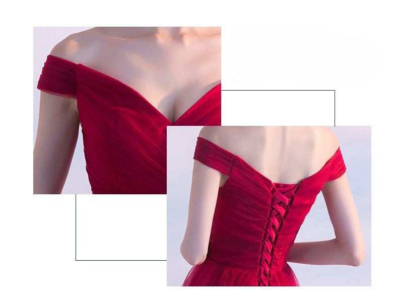 Gown Panel Mesh Evening Plain A-Line Off-Shoulder