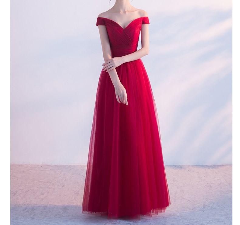 Gown Panel Mesh Evening Plain A-Line Off-Shoulder