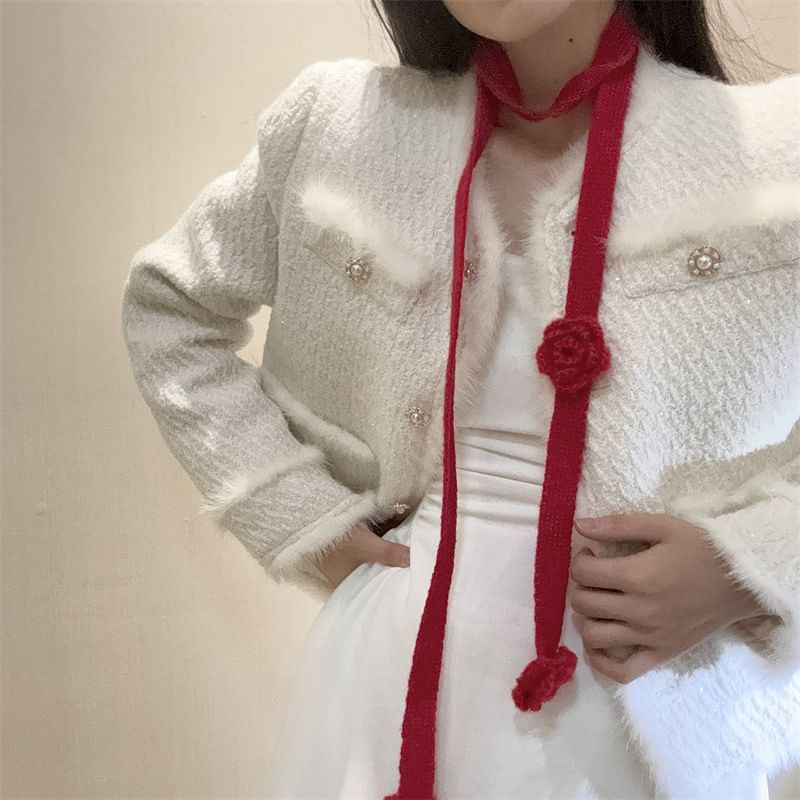 Flower Detail Knit Narrow Scarf