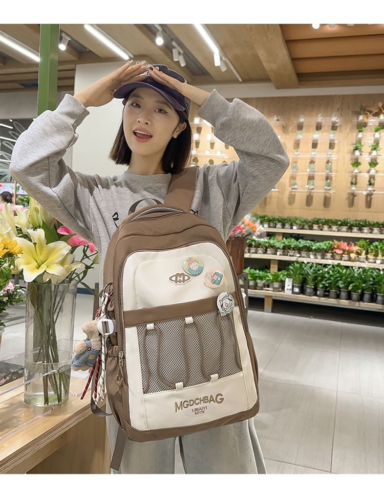 Embroidered Backpack Panel / Lettering Drawstring Set Brooch Nylon Mesh