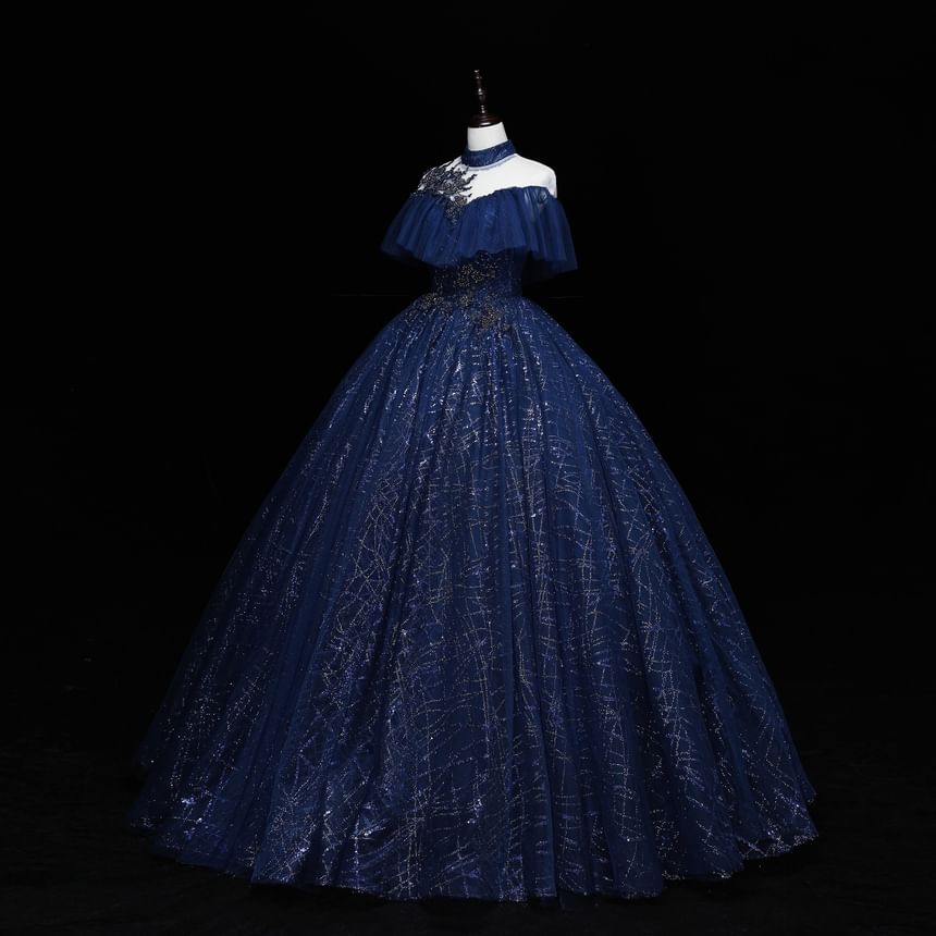 Cap-Sleeve Ball Sequin Neck Mock Gown