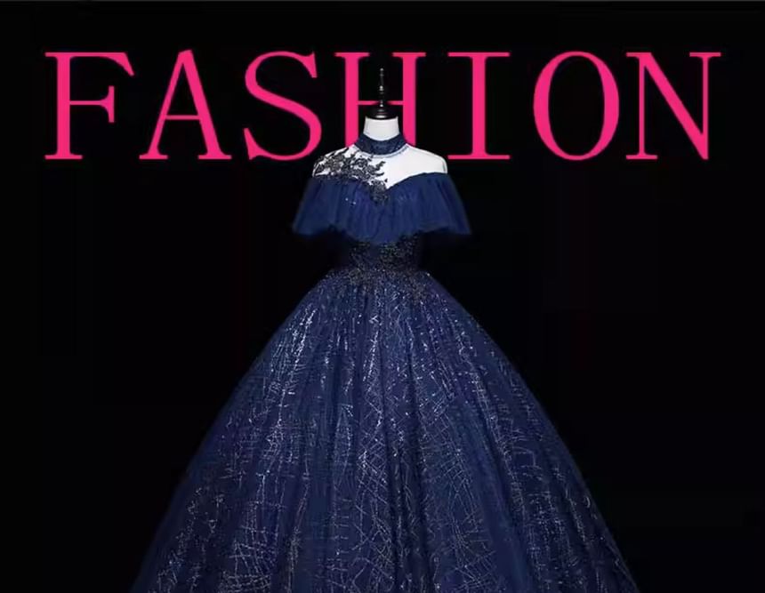 Cap-Sleeve Ball Sequin Neck Mock Gown