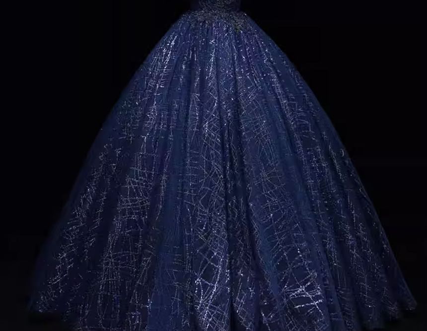 Cap-Sleeve Ball Sequin Neck Mock Gown