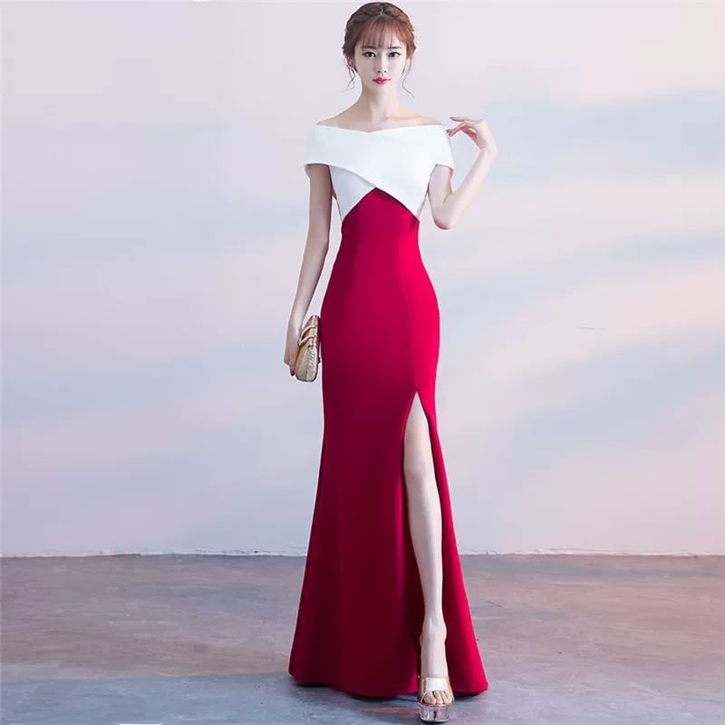 Mermaid Evening Off-Shoulder Slit Gown Two Cap-Sleeve Tone