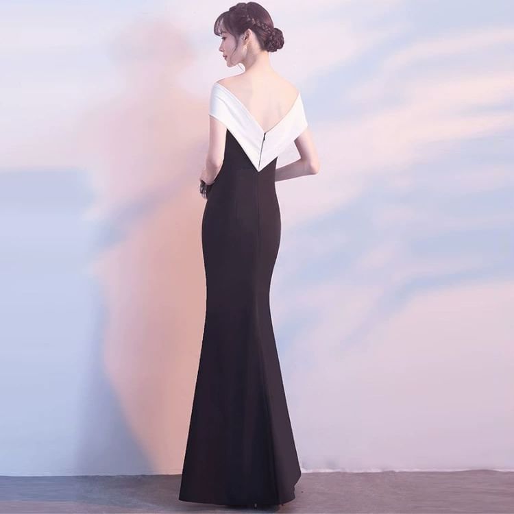 Mermaid Evening Off-Shoulder Slit Gown Two Cap-Sleeve Tone
