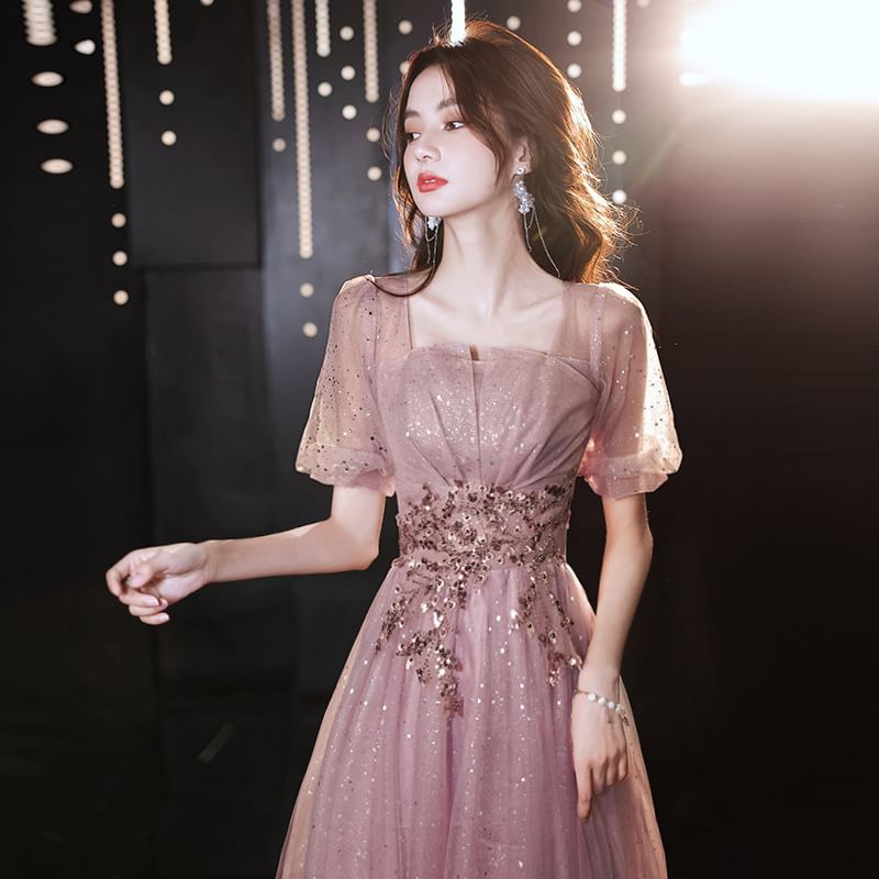 Short-Sleeve Gown A-Line Designs) Tulle Evening (Various Sequin
