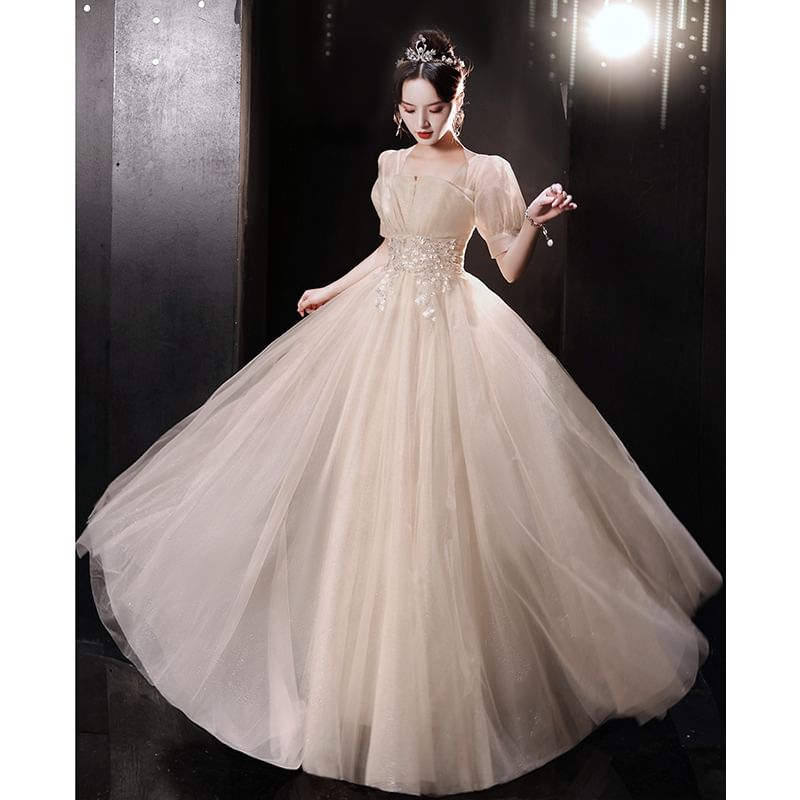 Short-Sleeve Gown A-Line Designs) Tulle Evening (Various Sequin
