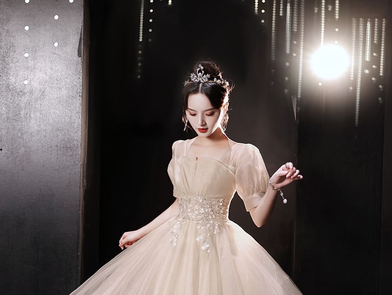 Short-Sleeve Gown A-Line Designs) Tulle Evening (Various Sequin