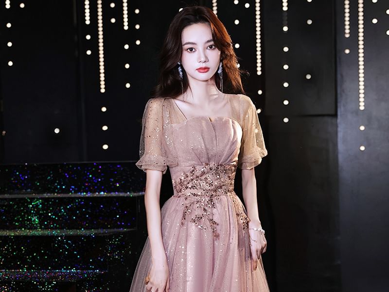 Short-Sleeve Gown A-Line Designs) Tulle Evening (Various Sequin