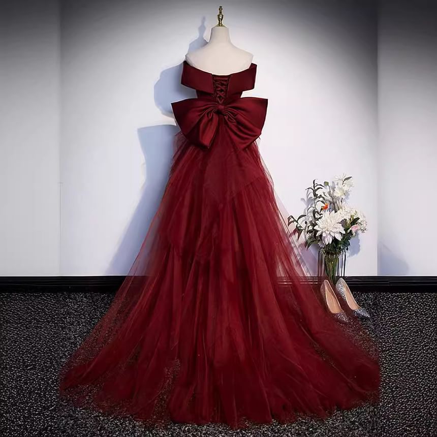 Bow Panel Plain Off-Shoulder Mermaid Mesh Gown Evening