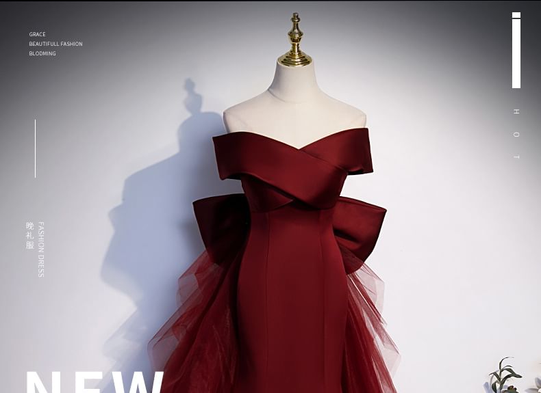 Bow Panel Plain Off-Shoulder Mermaid Mesh Gown Evening