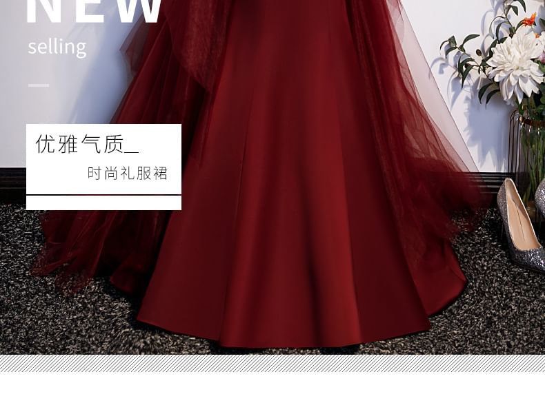 Bow Panel Plain Off-Shoulder Mermaid Mesh Gown Evening